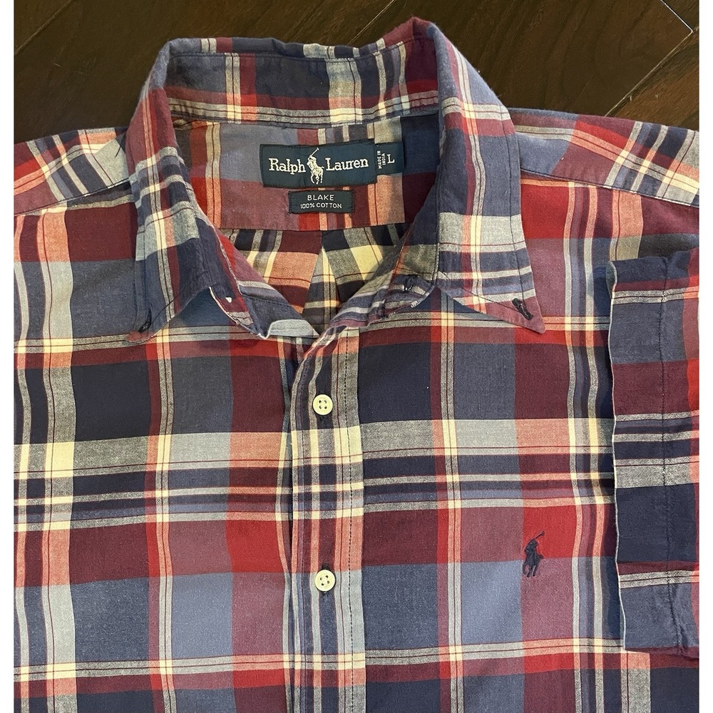 Ralph Lauren Button Down Shirt Mens Large Red Blue Plaid Blake Short Sleeve Pony